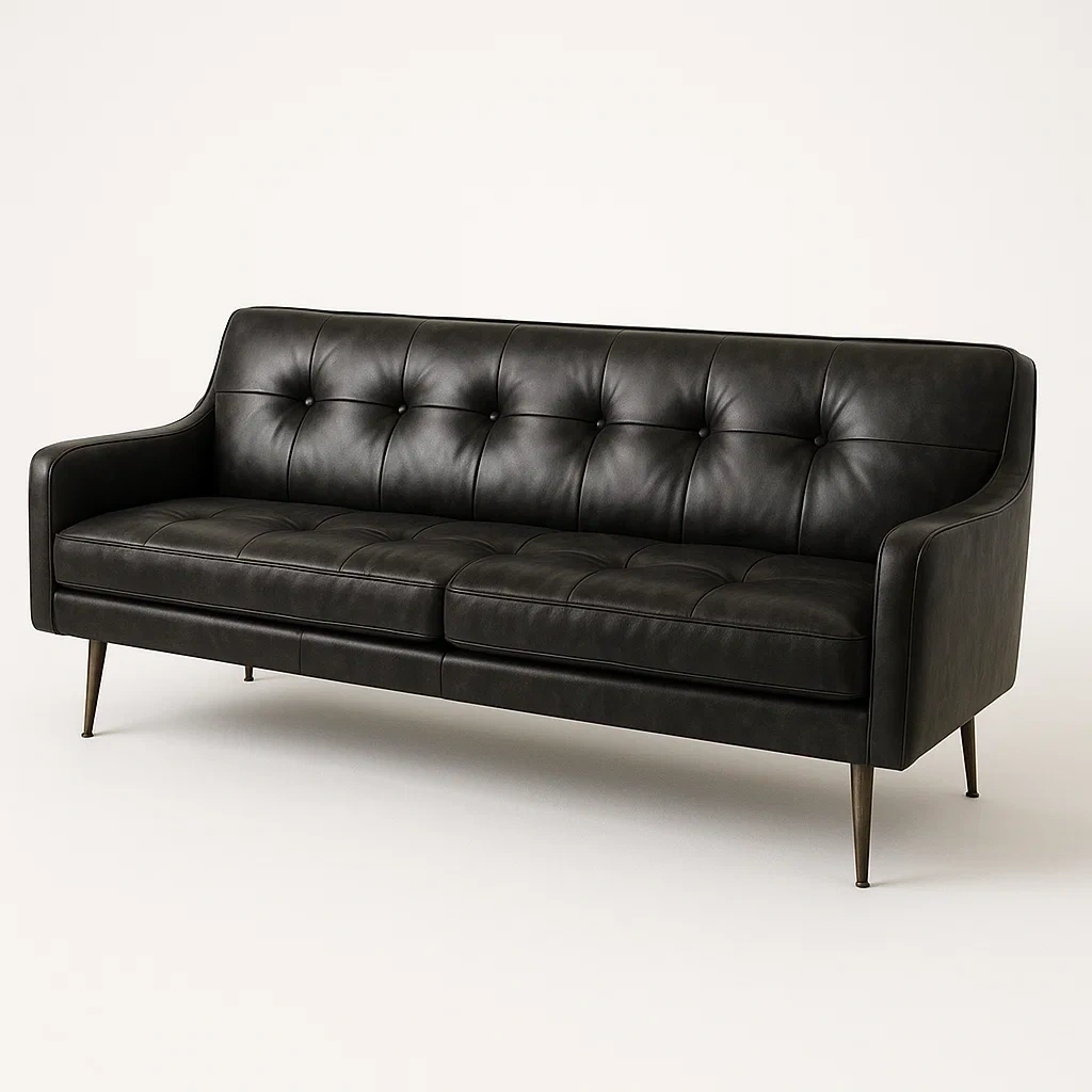 Sofá recto de 3 plazas piel sintética negra patas metálicas