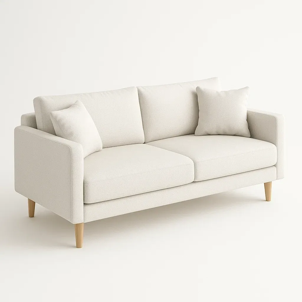 Sofá recto de tela beige con patas de madera de haya