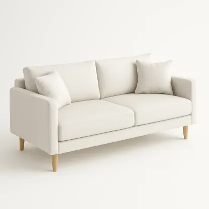 Sofá recto de tela beige con patas de madera de haya