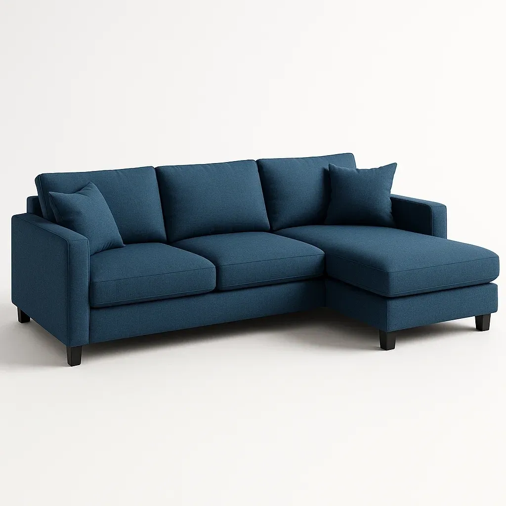 Sofá esquinero chaise longue de poliéster azul con patas de madera, dimensiones