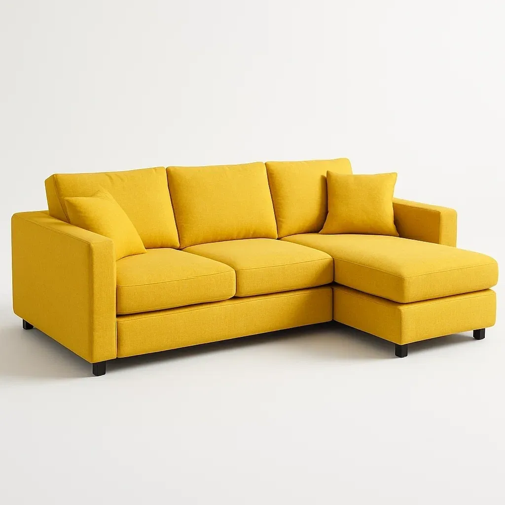 Sofá esquinero de tela amarilla con chaise longue