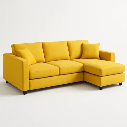 Sofá esquinero de tela amarilla con chaise longue