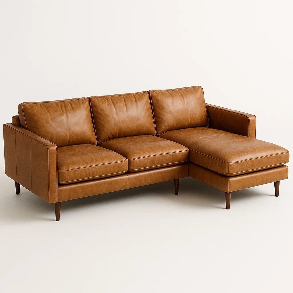 Sofá esquinero de piel sintética marrón con chaise