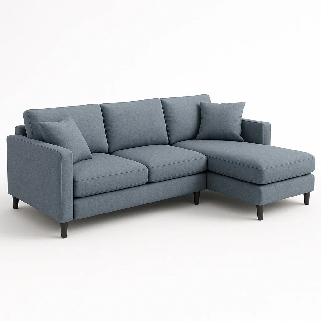 Sofá esquinero de tela azul con chaise longue