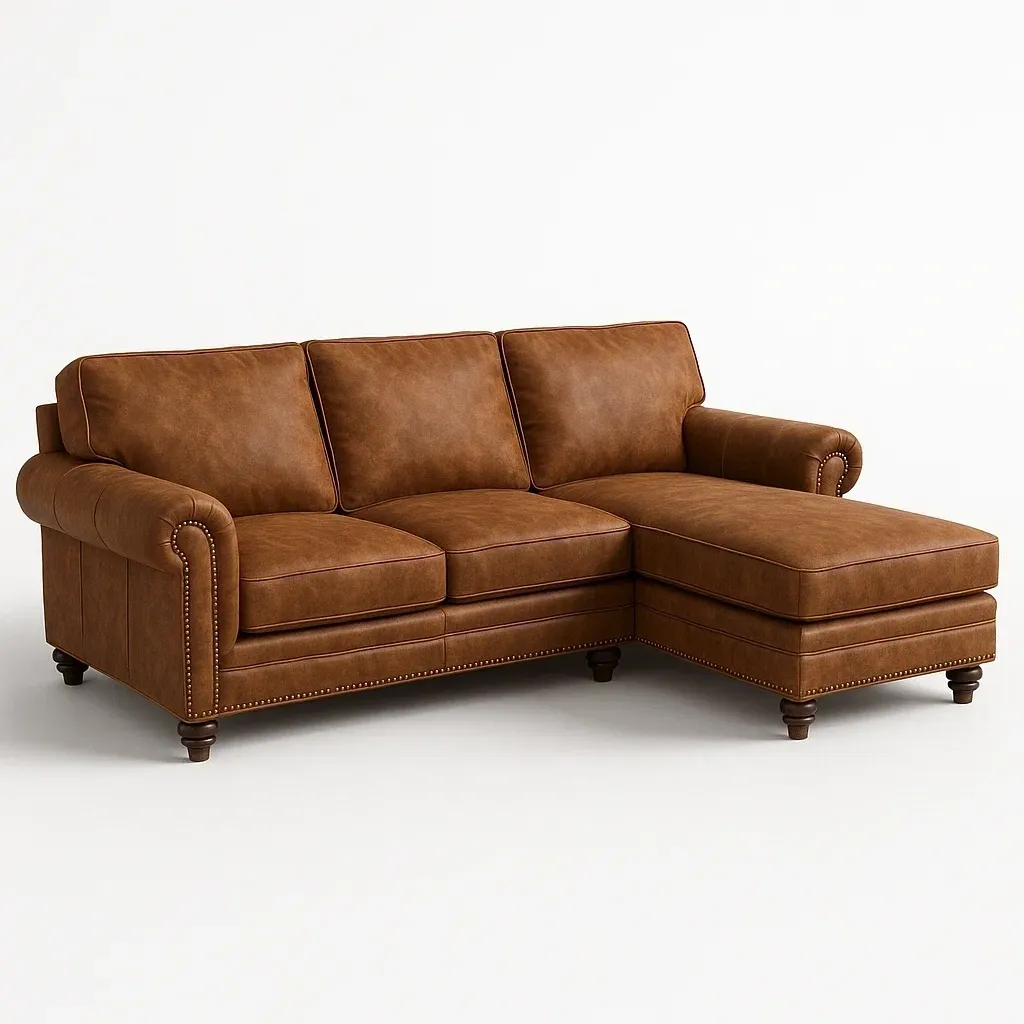 Sofá esquinero de cuero marrón con patas de madera