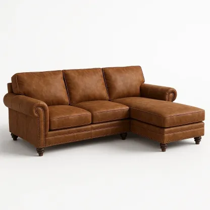 Sofá esquinero de cuero marrón con patas de madera