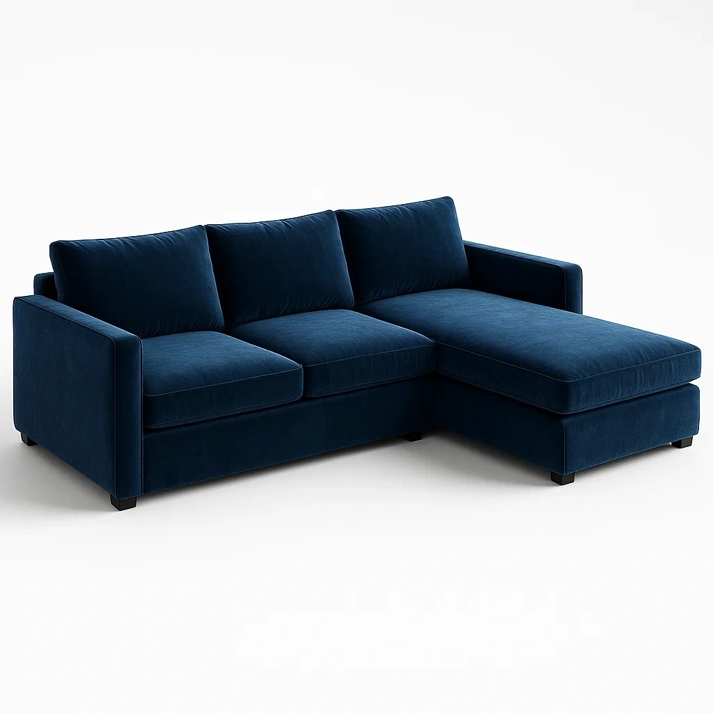 Sofá esquinero en L de terciopelo azul con chaise longue