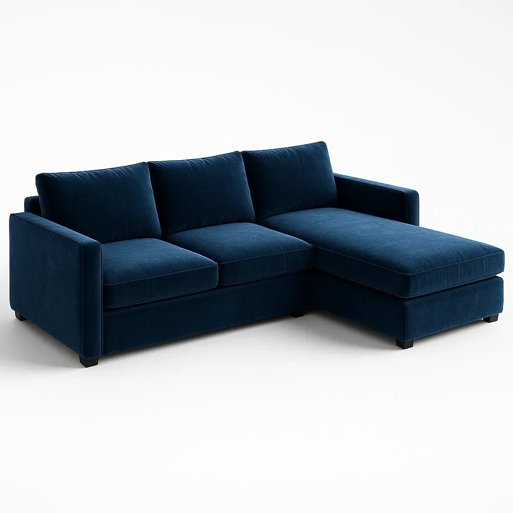 Sofá esquinero en L de terciopelo azul con chaise longue