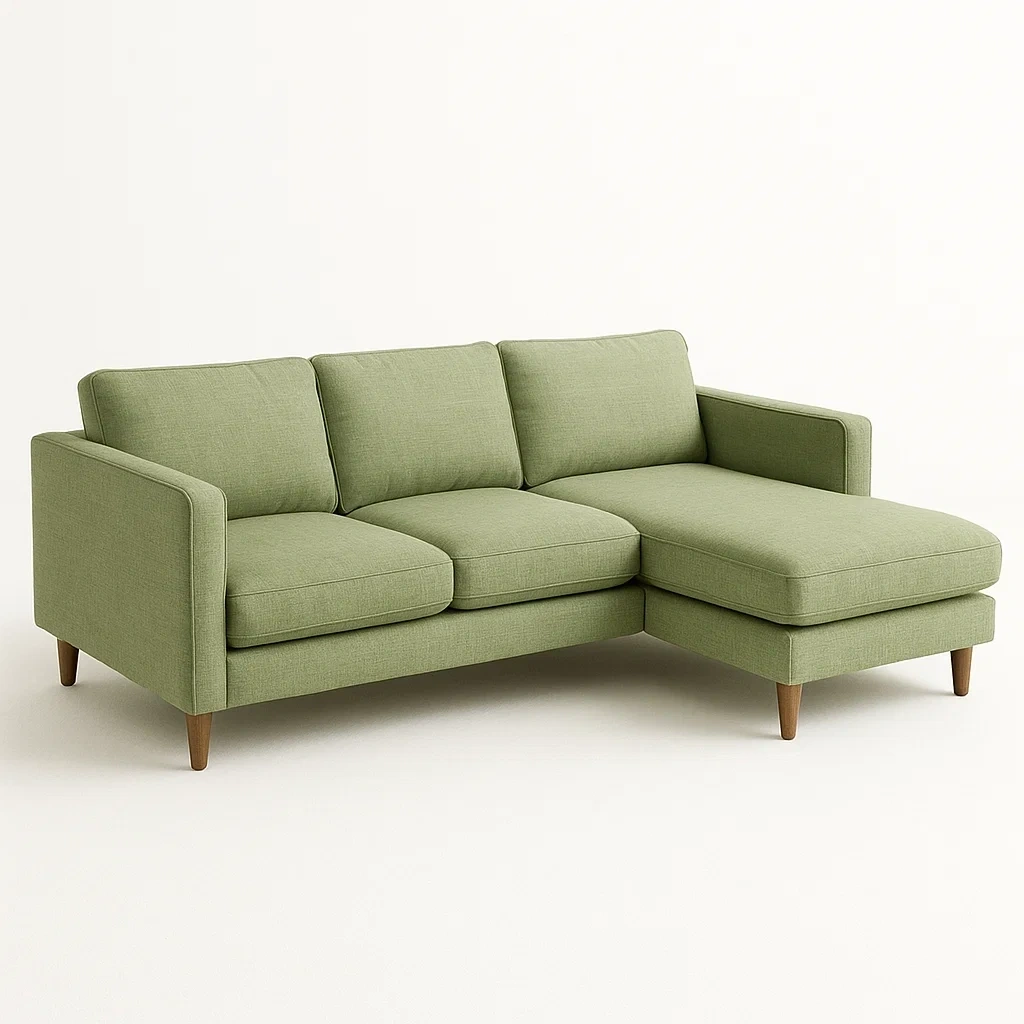 Sofá esquinero de lino verde con chaise longue
