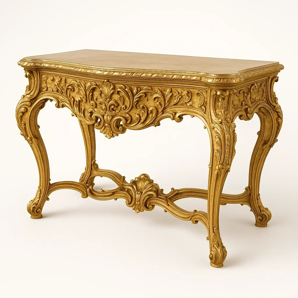 Consola de entrada de madera dorada con detalles tallados 105x50x80 cm