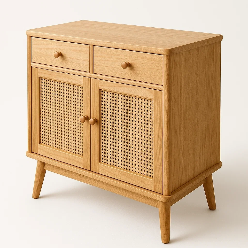 Armario de almacenamiento de madera de roble con 2 cajones y puertas de ratán