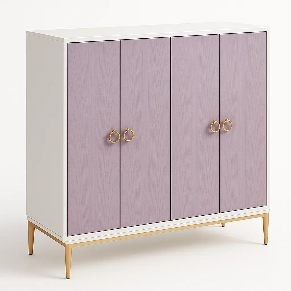 Armario de almacenamiento de madera MDF blanco y lila con 4 puertas