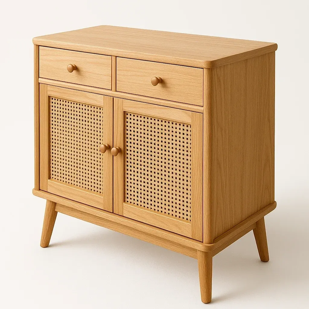 Armario de almacenamiento de madera de roble con 2 cajones y puertas de ratán