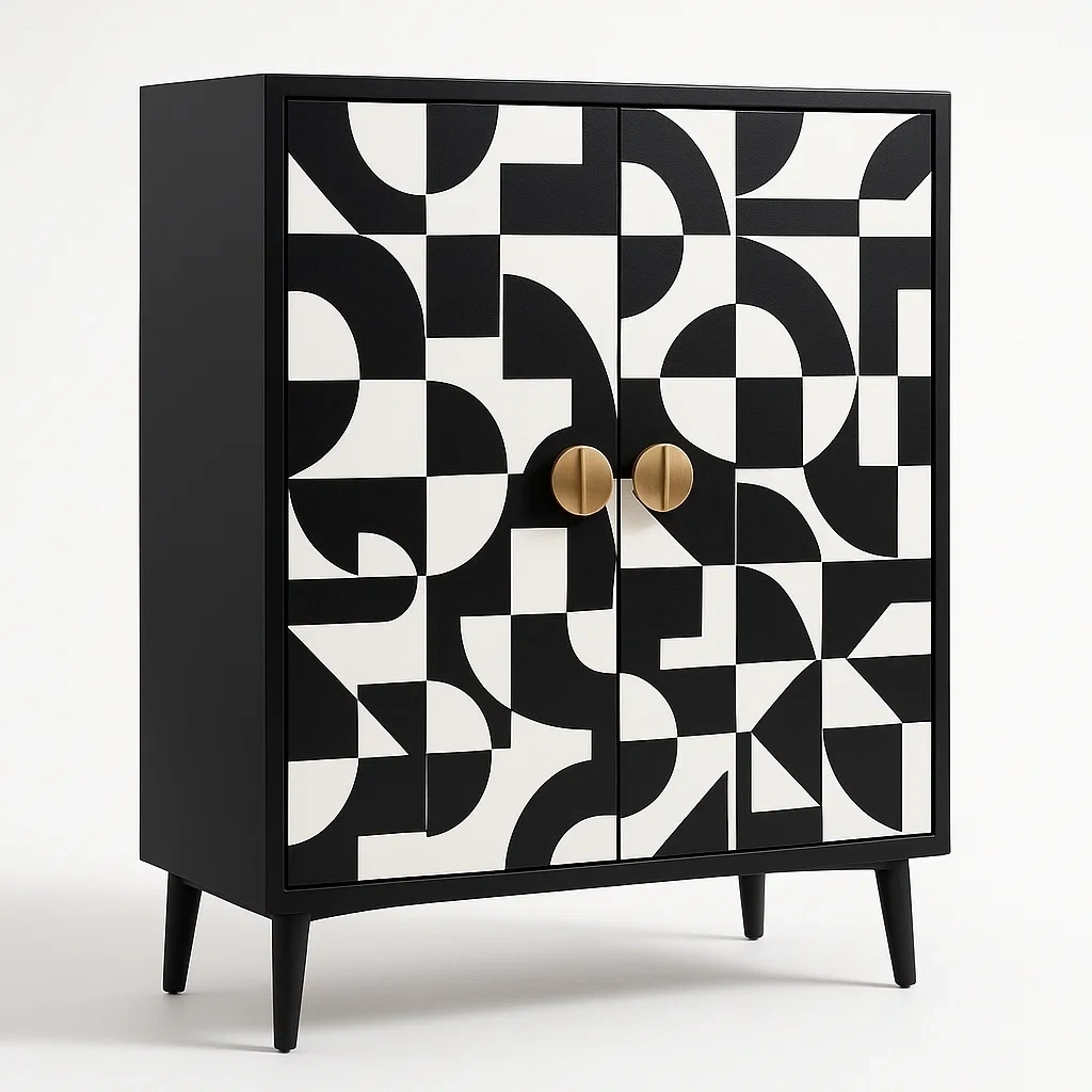 Armario de almacenamiento MDF negro y blanco con patrón geométrico 80x40x100cm