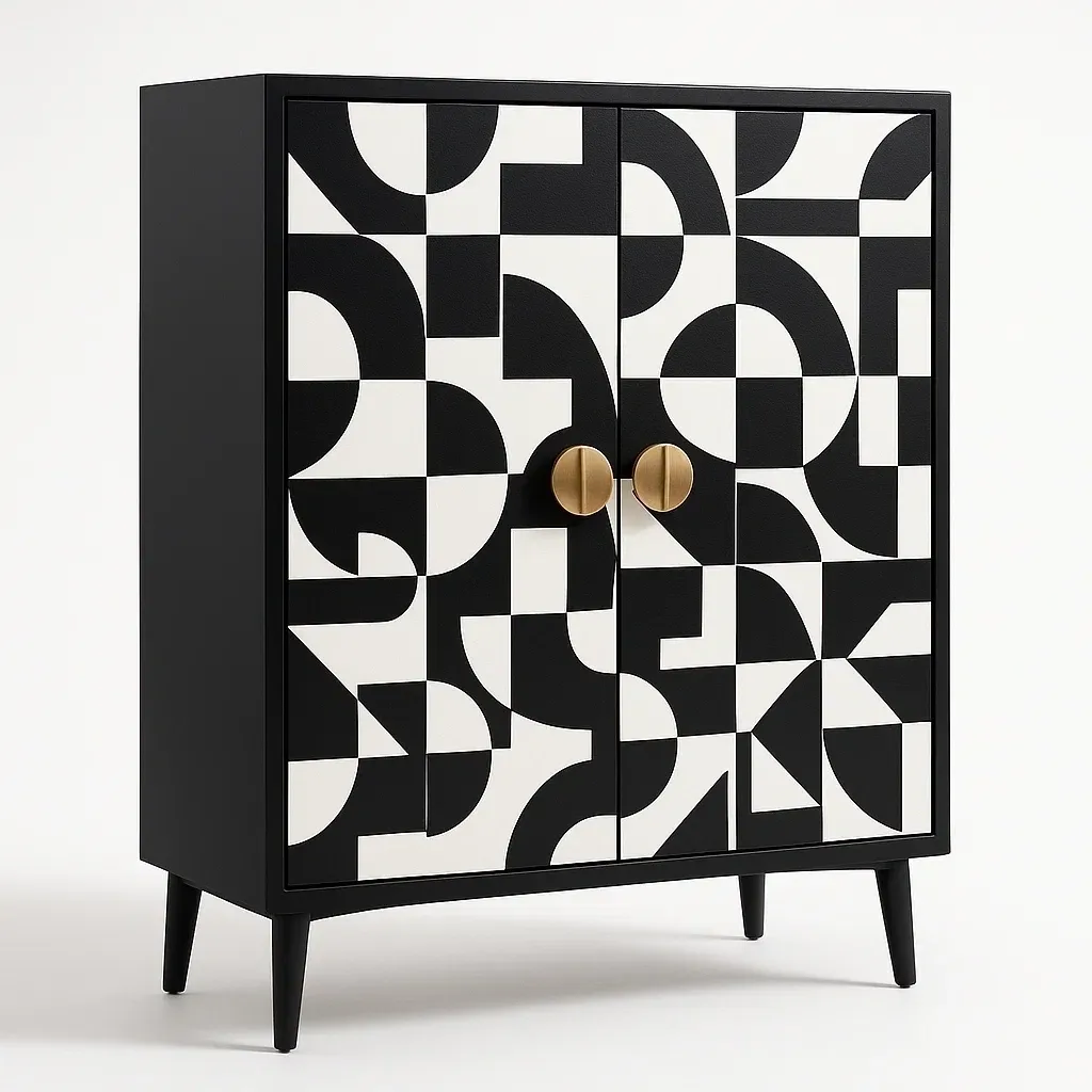 Armario de almacenamiento MDF negro y blanco con patrón geométrico 80x40x100cm