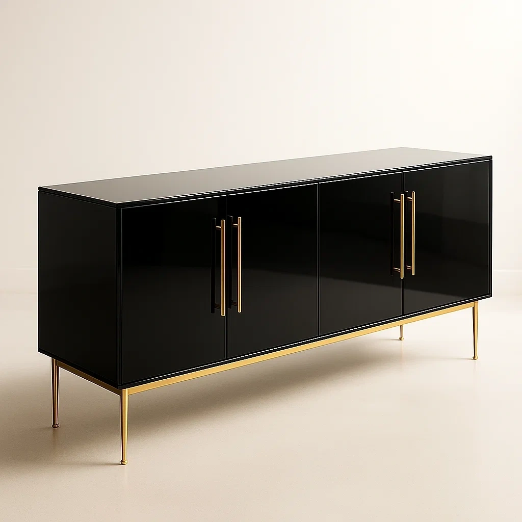 Aparador negro MDF patas metal dorado 160x45x75 cm