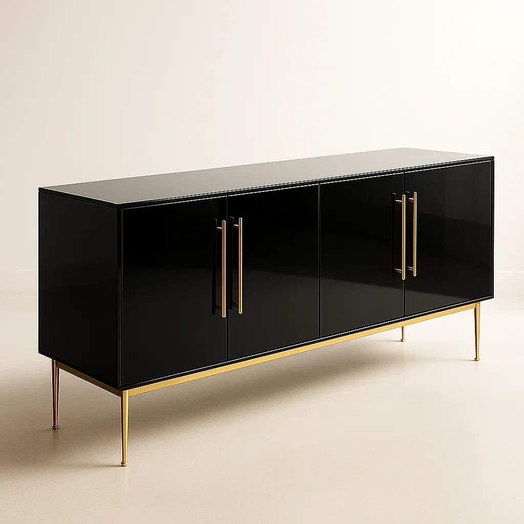 Aparador negro MDF patas metal dorado 160x45x75 cm