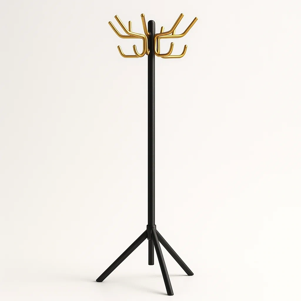 Perchero de ropa de pie de acero negro y dorado con base de trípode