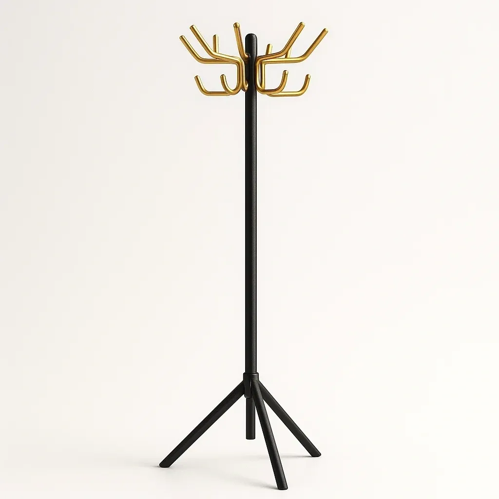 Perchero de ropa de pie de acero negro y dorado con base de trípode