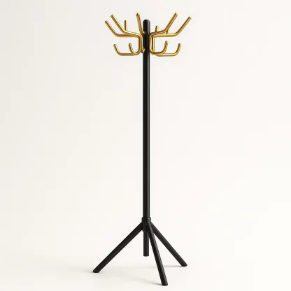Perchero de ropa de pie de acero negro y dorado con base de trípode