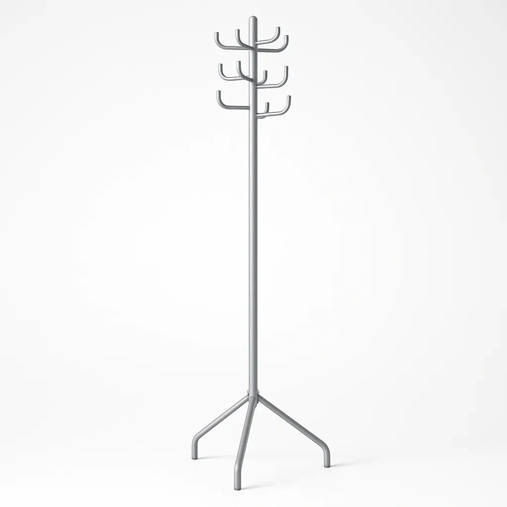 Perchero de ropa de pie de metal gris con varios ganchos y altura de 180 cm