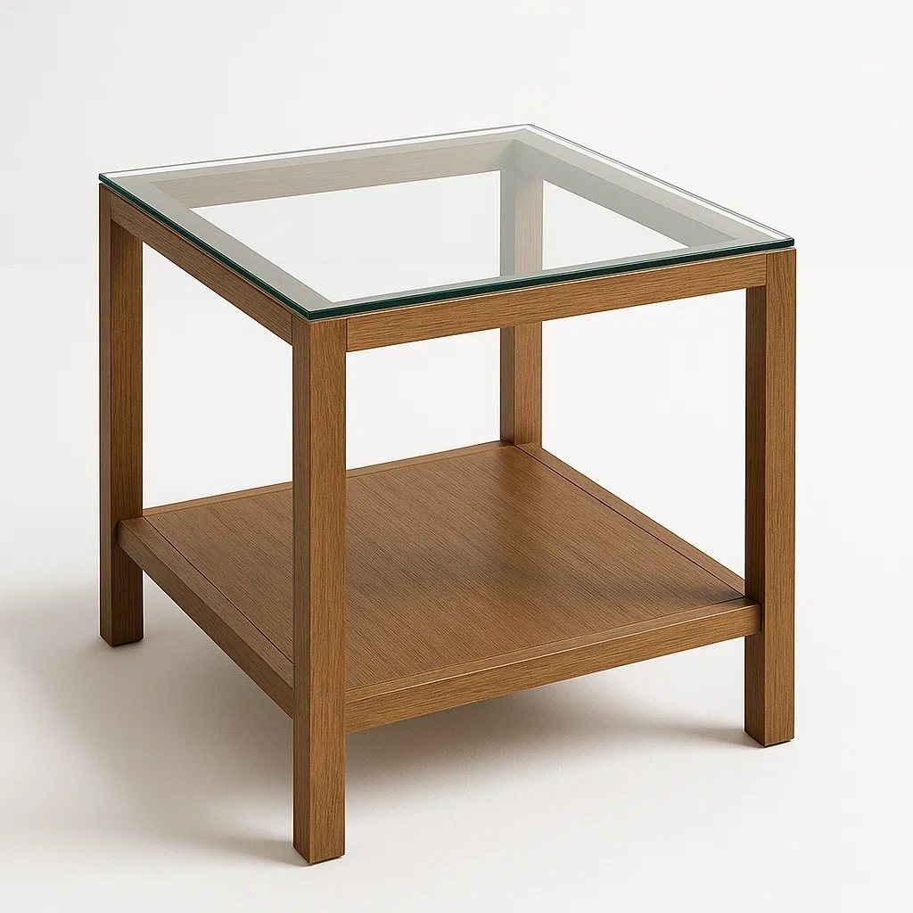 Mesa auxiliar cuadrada de roble y vidrio templado 45x45x50 cm