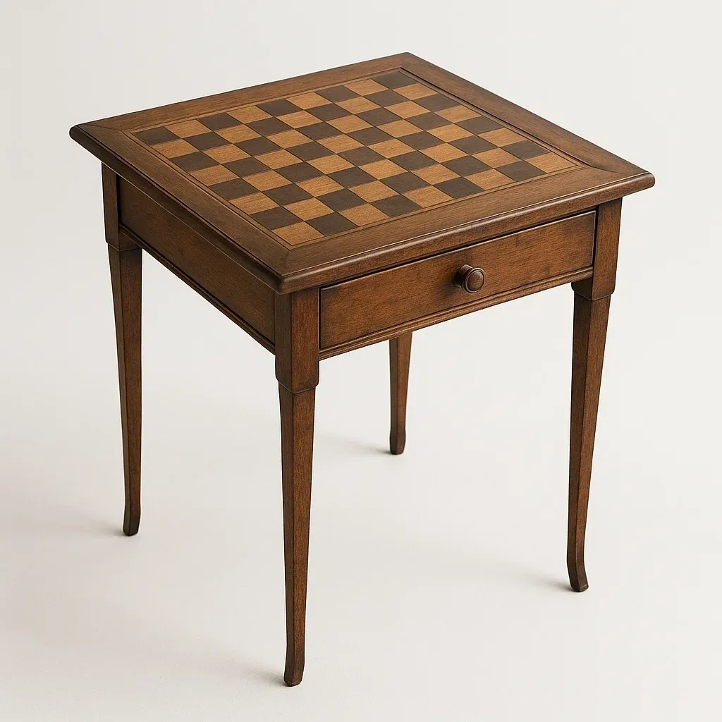 Mesa auxiliar de madera con tablero de ajedrez y cajón 45x45x60 cm