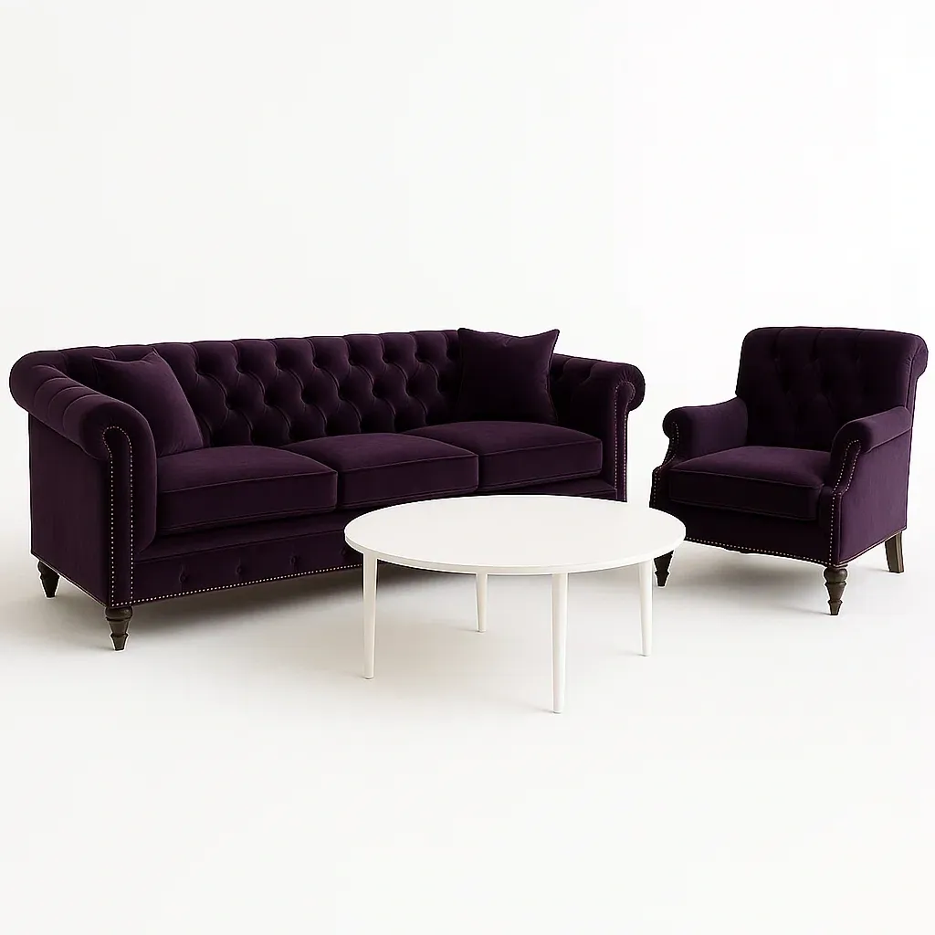 Conjunto de salón de sofá de terciopelo púrpura con sillón y mesa de madera blanca