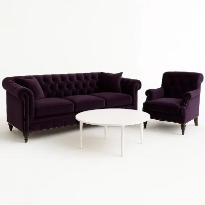 Conjunto de salón de sofá de terciopelo púrpura con sillón y mesa de madera blanca