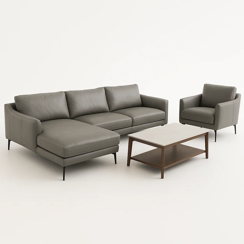 Conjunto de salón de sofá seccional de cuero sintético gris con butaca y mesa de centro