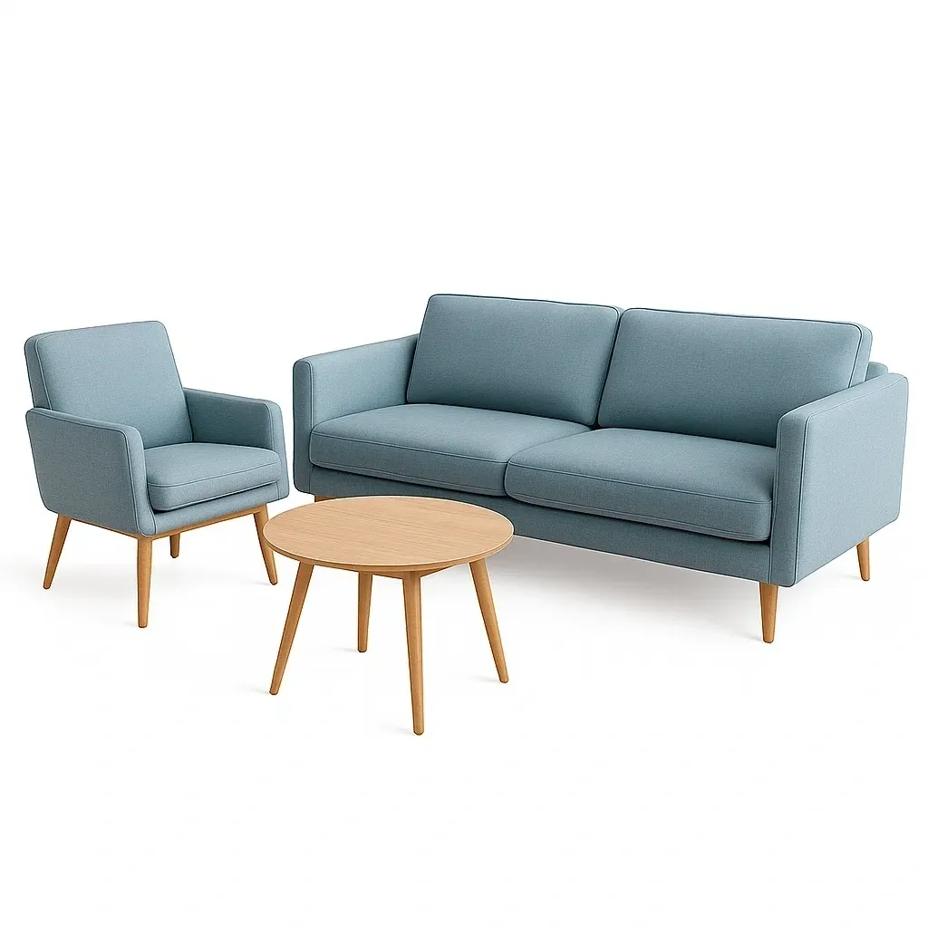 Conjunto de salón de sofá de poliéster azul claro con sillón y mesa redonda de madera