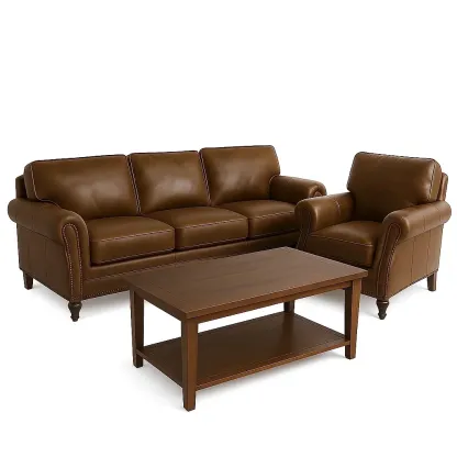 Conjunto de salón de sofá y sillón de cuero sintético marrón con mesa de centro madera