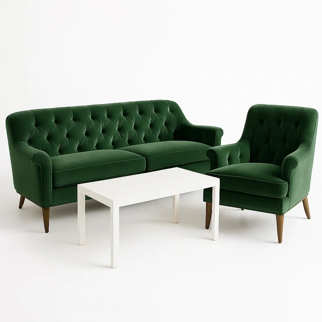 Conjunto de salón de sofá y sillón de terciopelo verde con mesa de centro blanca