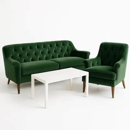Conjunto de salón de sofá y sillón de terciopelo verde con mesa de centro blanca