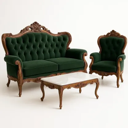 Conjunto de salón de sofá y sillón de madera y tapizado verde con mesa de mármol
