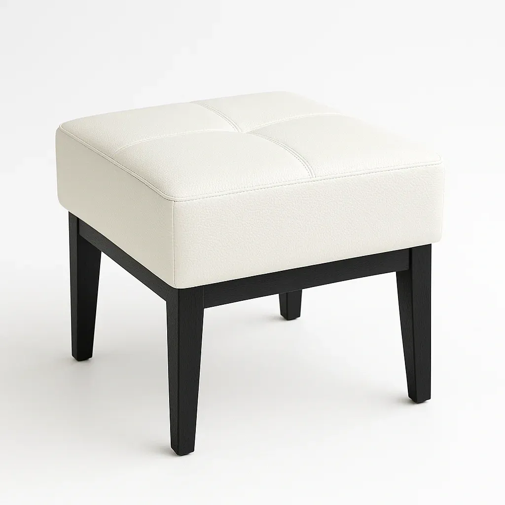 Taburete con cojín cuadrado de cuero sintético blanco con patas de madera