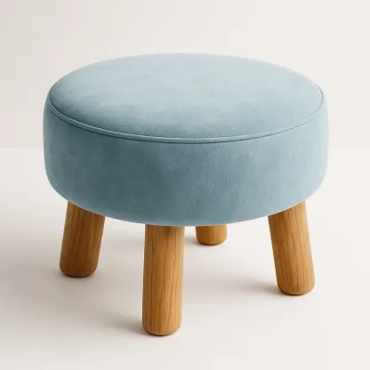 Taburete con cojín redondo de terciopelo azul con patas de roble