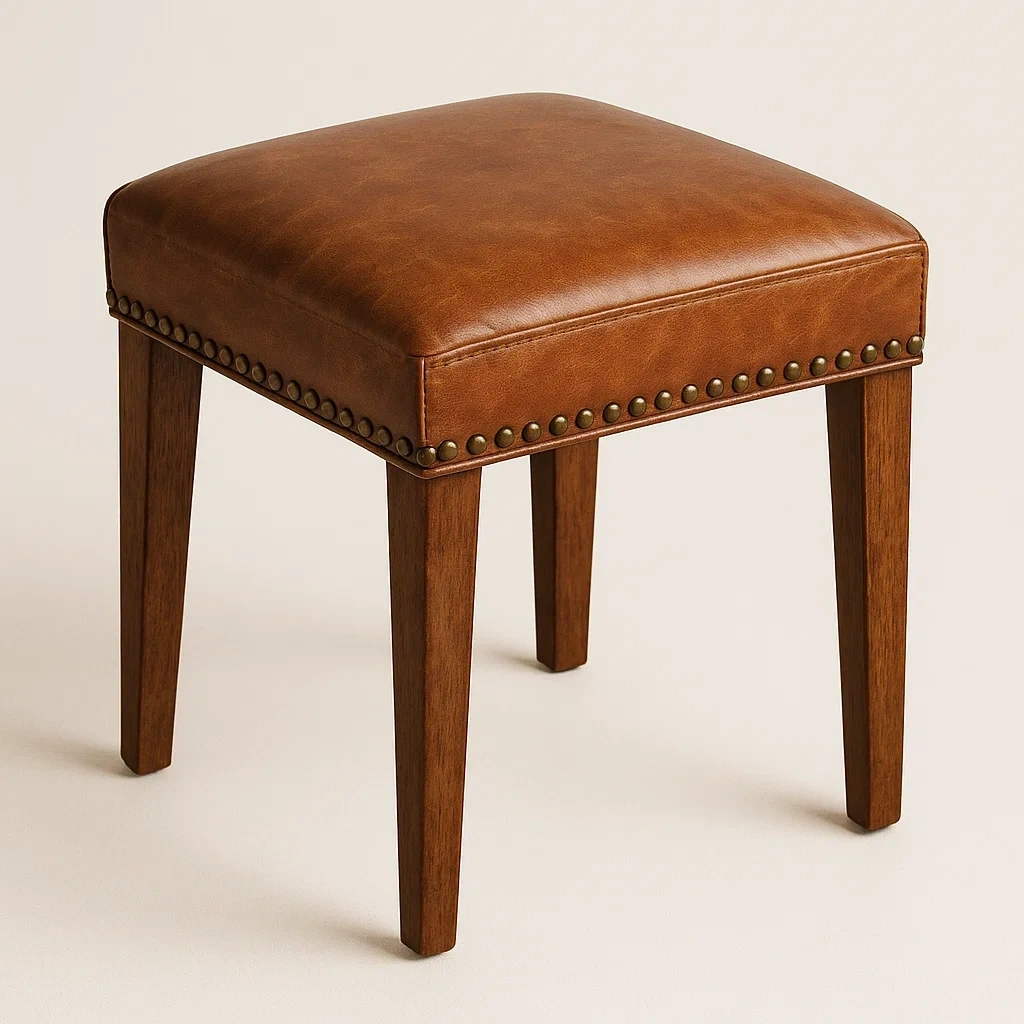 Taburete con cojín cuadrado de cuero sintético marrón con patas de madera