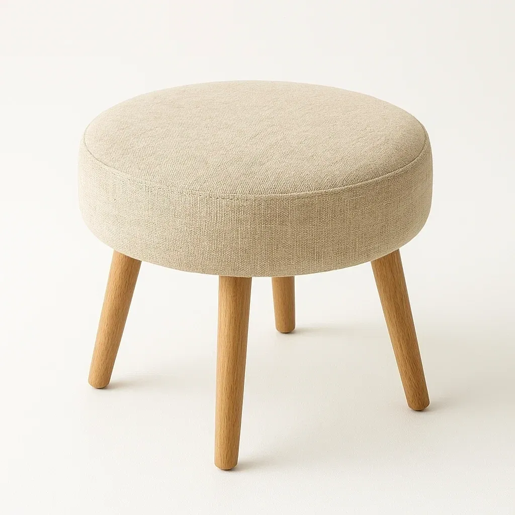 Taburete con cojín redondo de lino beige con patas de madera