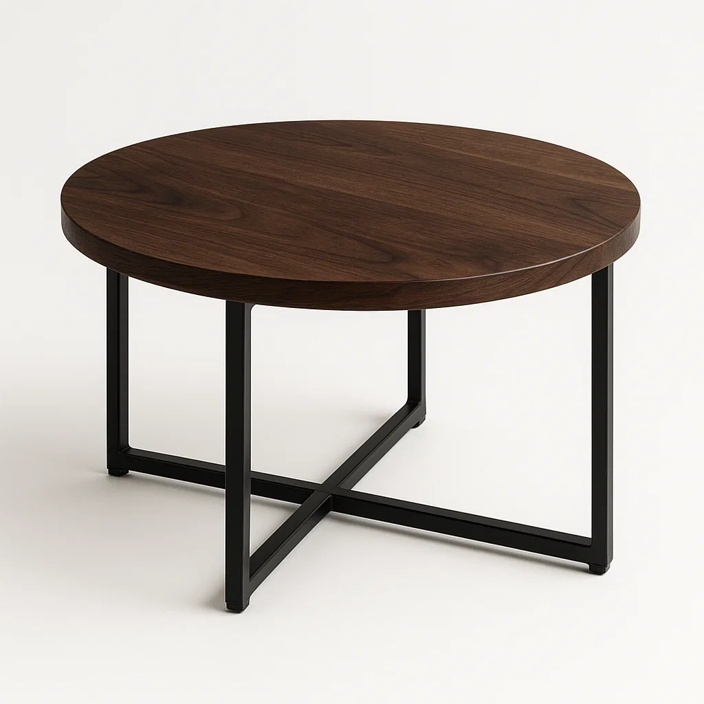 Mesa de centro redonda de madera con estructura de metal negro
