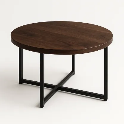 Mesa de centro redonda de madera con estructura de metal negro