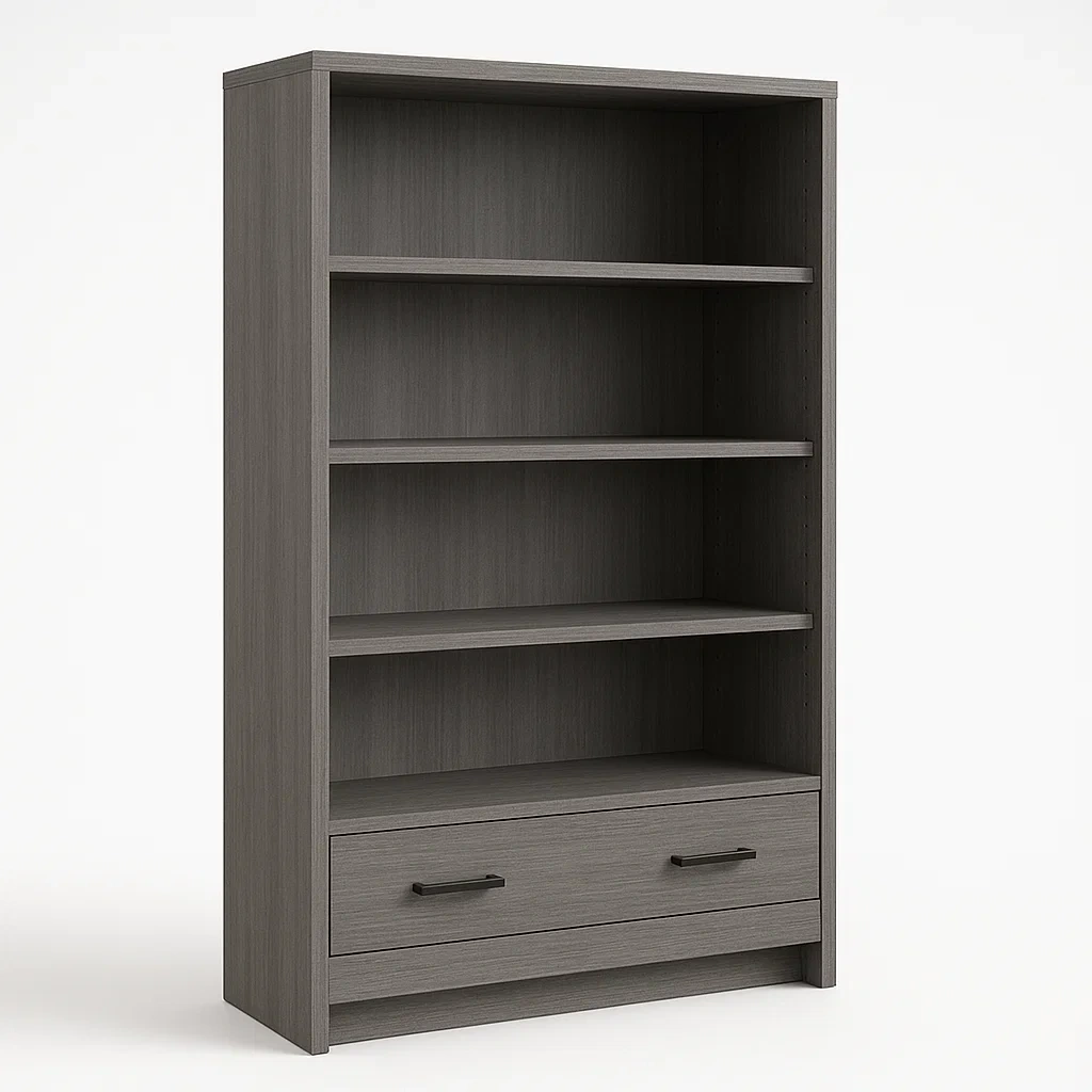 Librería de madera compuesta gris con estantes y cajón