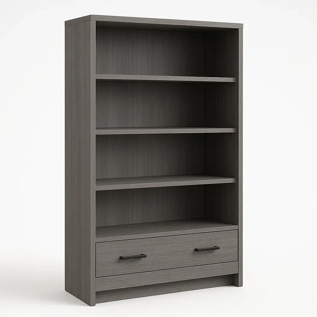 Librería de madera compuesta gris con estantes y cajón