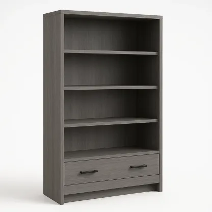 Librería de madera compuesta gris con estantes y cajón