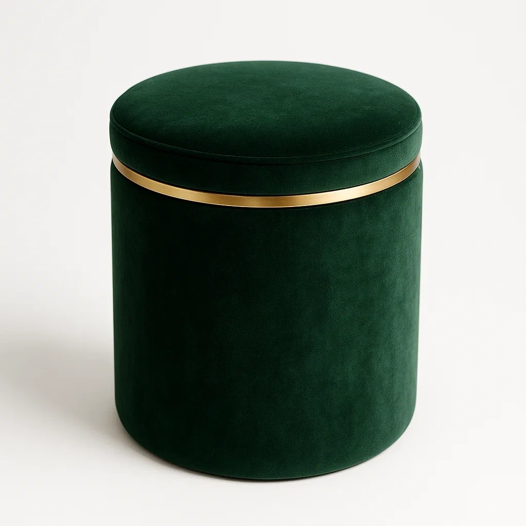Taburete decorativo de terciopelo verde oscuro con detalle metálico