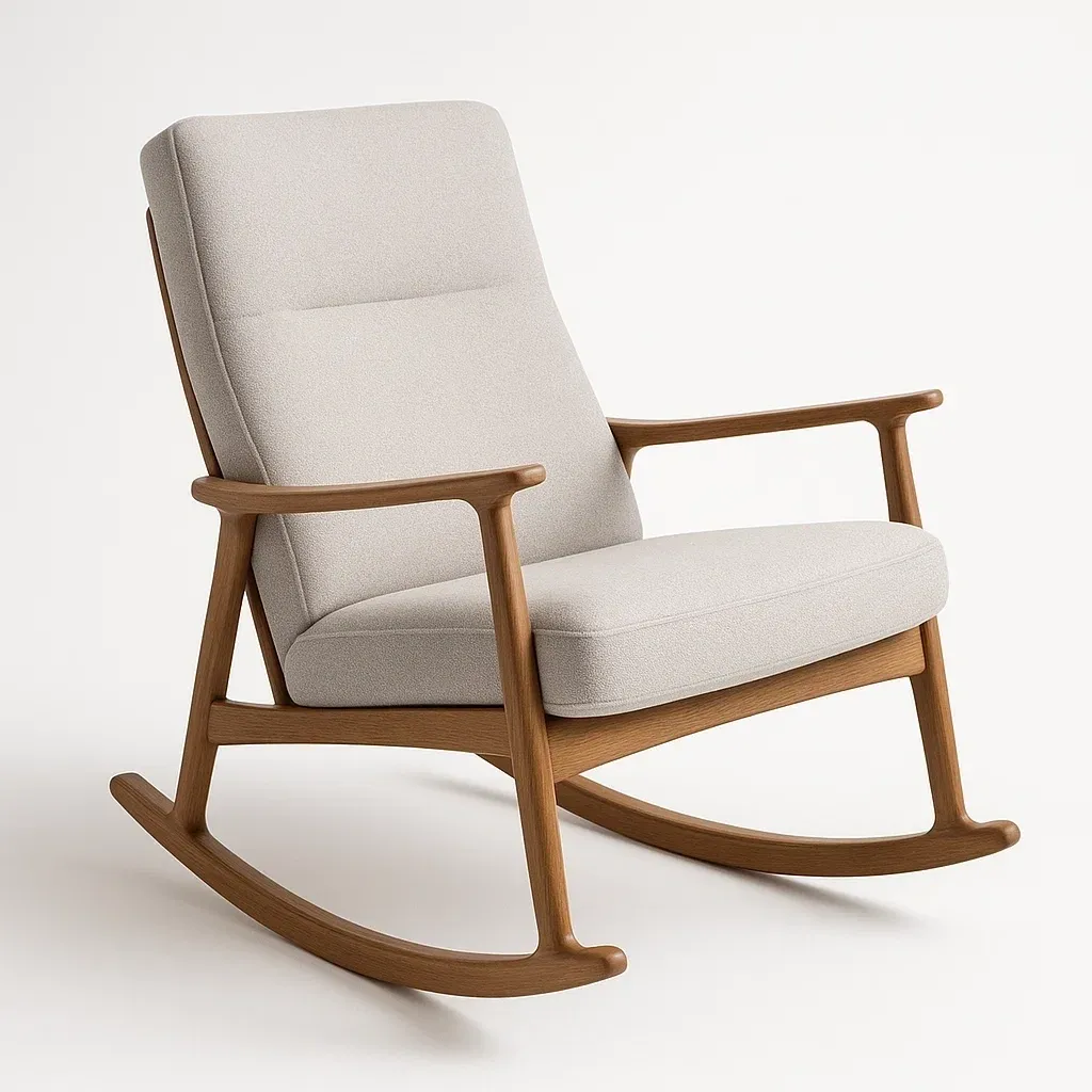 Mecedora de madera con tapizado en tela beige 90x60x85 cm