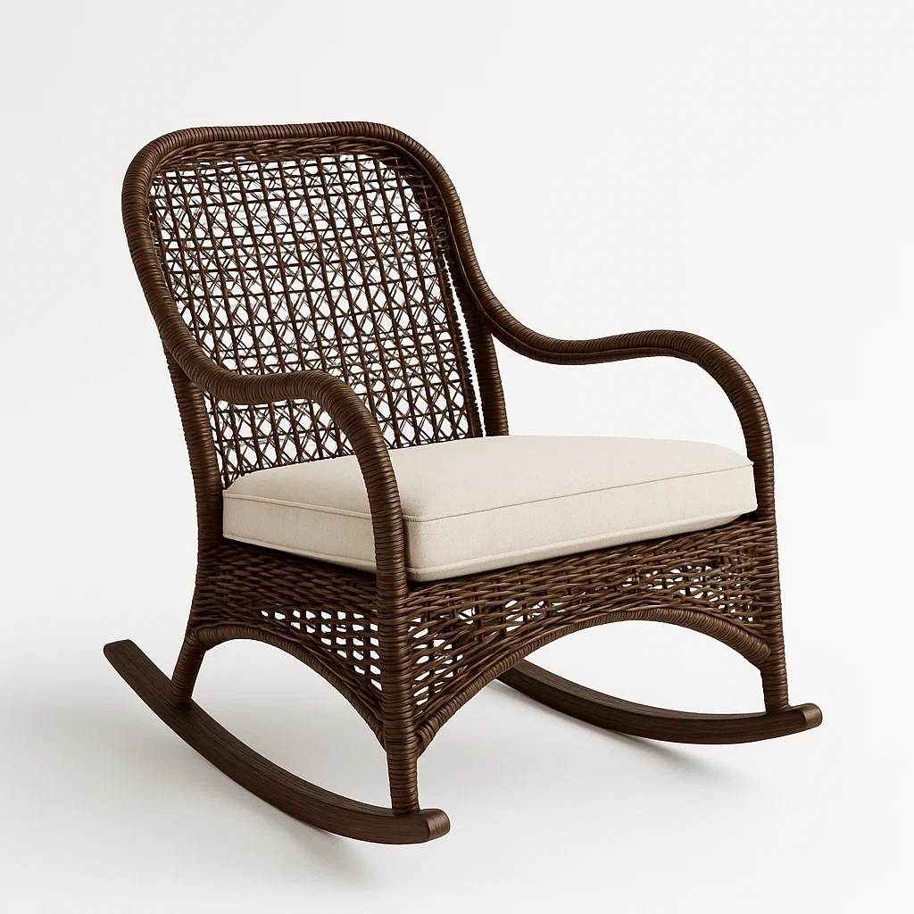 Mecedora de ratán sintético marrón con cojín beige