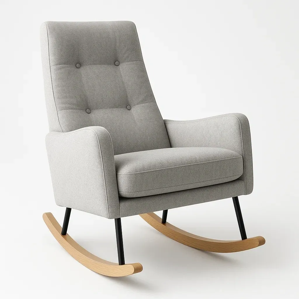 Mecedora de tela gris con estructura de madera y metal