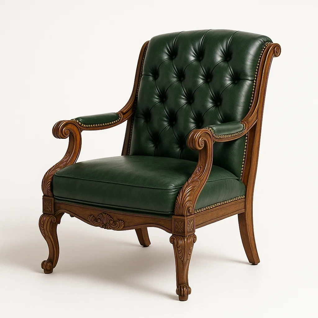 Sillón clásico de roble y cuero PU verde 100x70x85 cm
