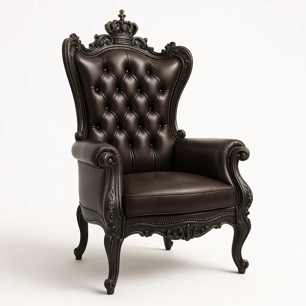 Sillón de cuero sintético marrón con detalles tallados